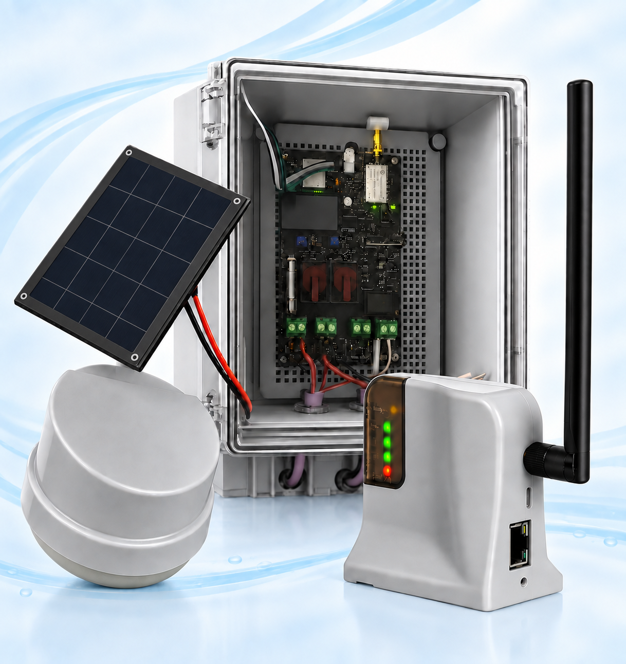 IntelliTank pump control unit, remote tank monitor, antenna, and solar panel